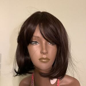 14" & 6" bangs short straight medium length dark brown wig.  Looks/feels amazing